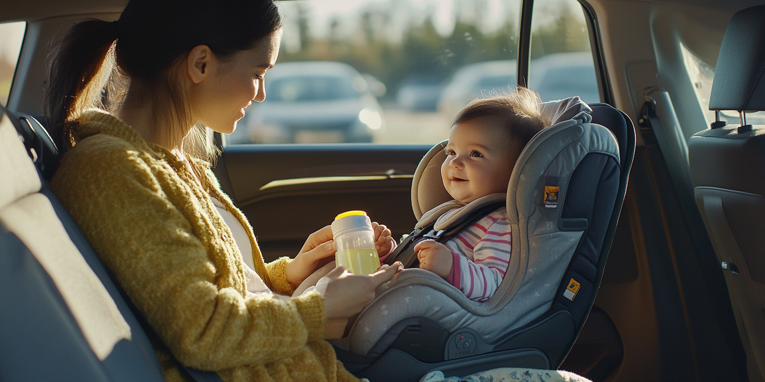 Baby fully buckled in car seat; caregiver holding bottle; recline indicator in range; parked vehicle